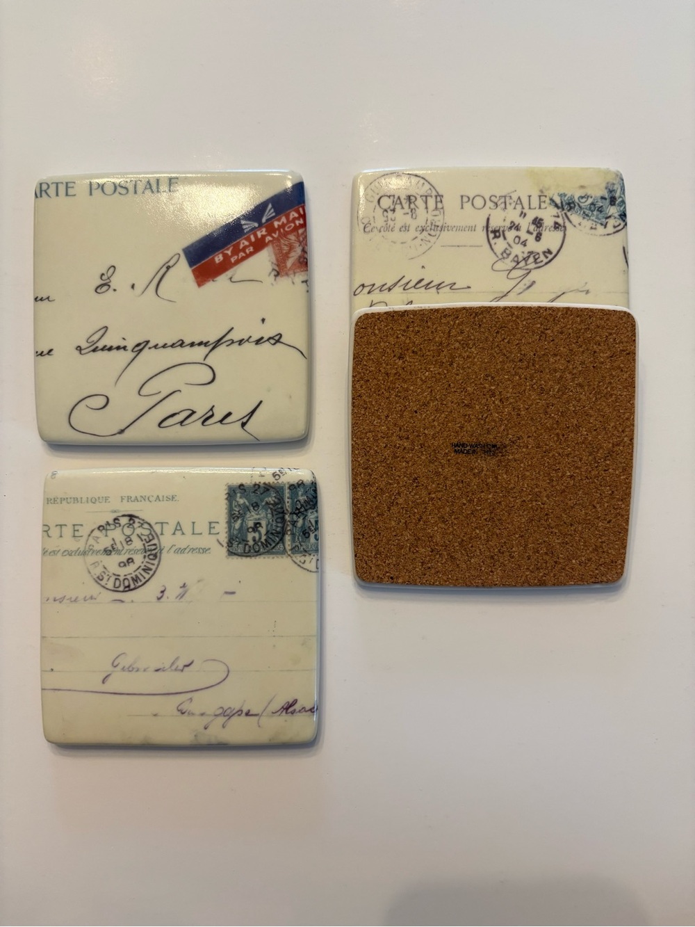 Vintage Paris Script Ceramic Coasters - Cream and Blue